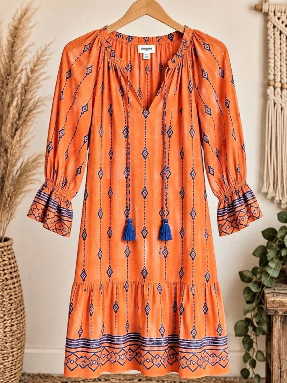 Umgee Embroidered Mini Dress in Orange & Blue Size Medium NWT